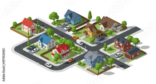 Colorful Suburban Neighborhood Street.