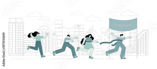 People are running to the finish line. A man is the first to reach the finish line, and other men and women are running behind him. The desire to win.eps