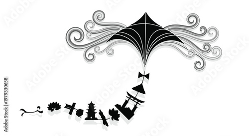 Whimsical kite soars, trailing a string of iconic Asian landmarks and cultural symbols.