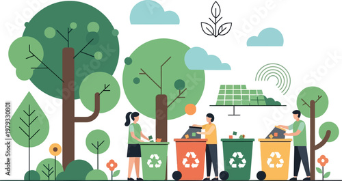 Recycling Initiative: People participate in a recycling program, sorting waste into color-coded bins amidst a vibrant depiction of nature with trees and solar panels.