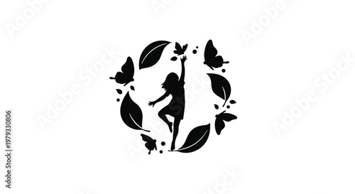 Joyful silhouette of a person reaching for butterflies amidst leaves, symbolizing freedom and nature's embrace.
