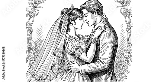 Elegant couple embrace at wedding ceremony black and white illustration