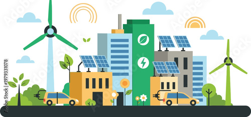 Eco-Friendly City: A vibrant illustration showcasing a sustainable city of the future, powered by renewable energy sources, electric vehicles, and green infrastructure.