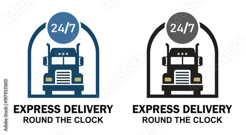 Express Delivery Round the Clock Logo Featuring a Semi-Truck Icon with 24-7 Symbol for Global Logistics and Freight Branding