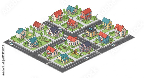 Colorful Suburban Neighborhood Street.