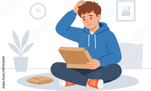 A man sits on the floor in a room reading a puzzle box with a concerned expression on his face.