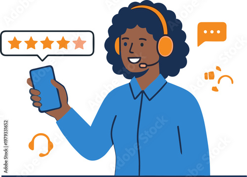 A woman with a headset is smiling while holding a phone and reviewing ratings.