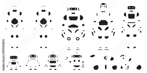 Various robot parts and complete robot character templates for graphic design and illustration projects.