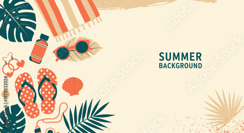 Summer vacation accessories scattered on sandy beach background
