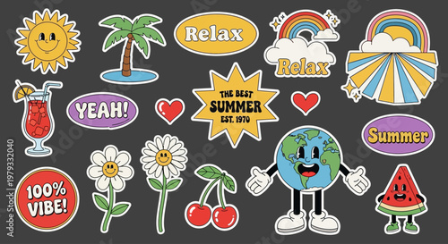 Vibrant summer stickers featuring a smiling Earth character and various icons on a dark background