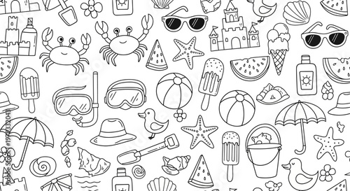 A vibrant beach scene with various summer icons and objects scattered across the sandy shore.