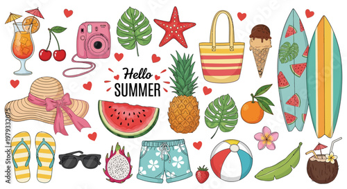 A vibrant summer-themed collage featuring various objects like beach balls, surfboards, and fruits, arranged in a colorful display.