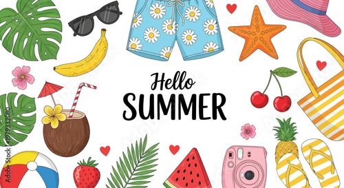 A vibrant summer-themed illustration featuring various objects and symbols arranged around the phrase Hello Summer.