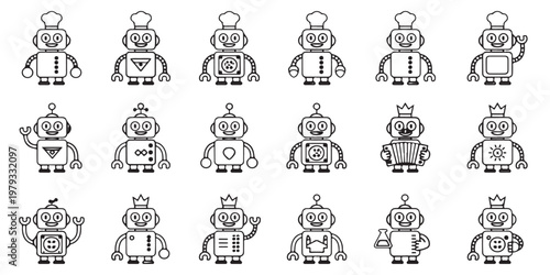 Collection of cute cartoon robots with different accessories and expressions for design and illustration.