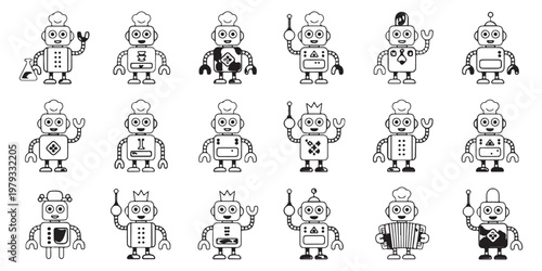 Various robot designs and accessories for illustration and graphic design projects.