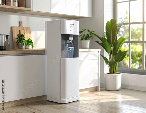A modern kitchen with a water cooler dispenser on the countertop next to cabinets and a large window with potted plants on the floor.