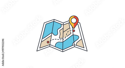 Folded map with location pin icon illustration for navigation and travel