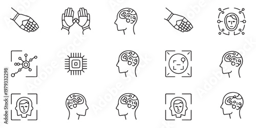 Artificial intelligence face recognition and neural network icons set featuring brain profile and robotic hand art.
