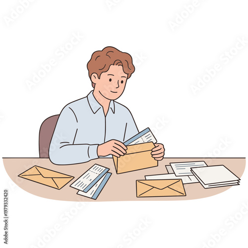 Man sitting at desk packing letters into envelopes with papers around