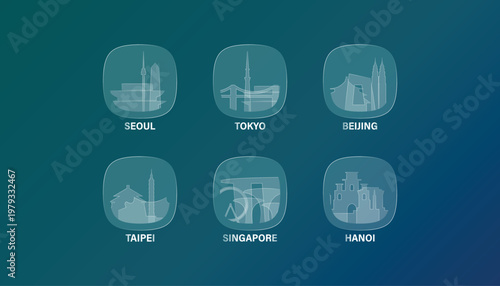 Asia cities icons with glass, liquid effect. Set of cityscapes for interface design. Vector Beijing, Hanoi, Seoul, Singapore, Taipei, Tokyo skylines