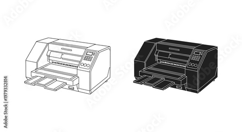 Two depictions of a plotter printer one light and one dark silhouette