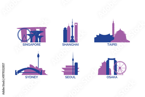 Singapore, Shanghai, Taipei, Sydney, Seoul, Osaka skyline, cityscape vector icons, clip arts. Asia, Oceania region cities logo collection