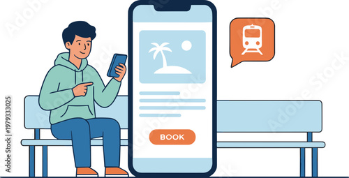 Man sitting on a bench booking travel on smartphone and phone