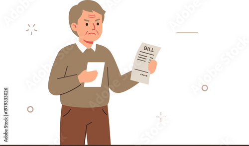 An elderly man looks concerned while reading a newspaper and holding papers indoors.