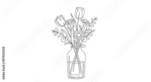 Elegant floral arrangement in glass vase minimalist line art on white backdrop