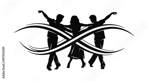 Silhouettes of three dancers in motion, connected by flowing abstract lines, symbolizing unity and rhythm.