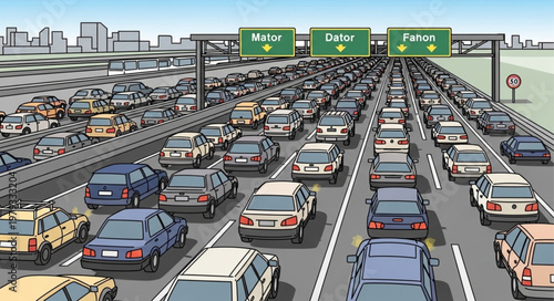 Heavy traffic jam on a multi lane highway with cars and signs.