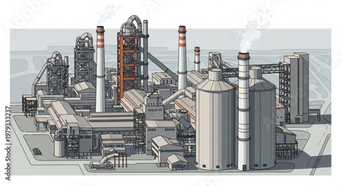 Industrial Chemical Plant with Smokestacks and Storage Tanks.