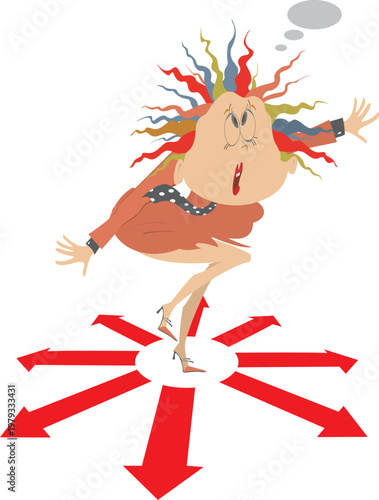 Confused thinking person how to choose the right direction. Pensive businesswoman holds papers and stays surrounded by arrow symbols