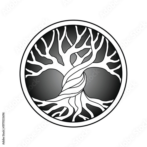 Stylized Tree of Life illustration with roots and branches in circular frame. Suitable for logos, tattoos, spiritual projects, interior decoration, and educational materials.