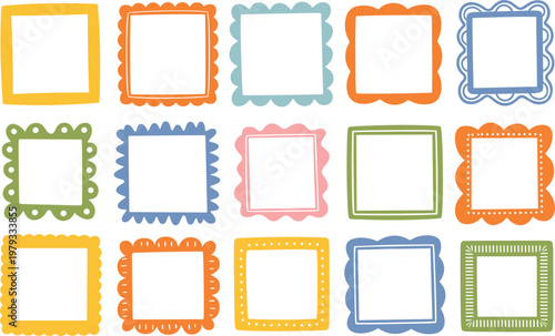 Cute colorful hand drawn frame collection set, square decorative border icons for nursery or kids photo decoration vector