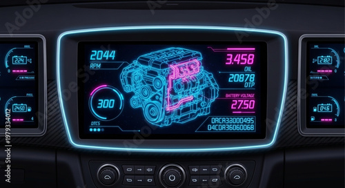 Futuristic Car Dashboard Displaying Engine Diagnostics.