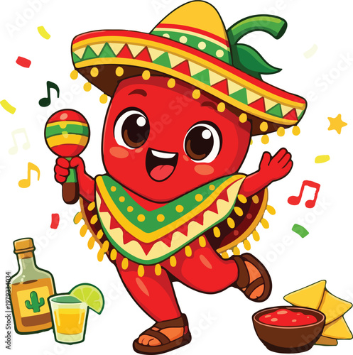 Cute Chili Pepper Mascot Cinco de Mayo Full Body Flat Vector