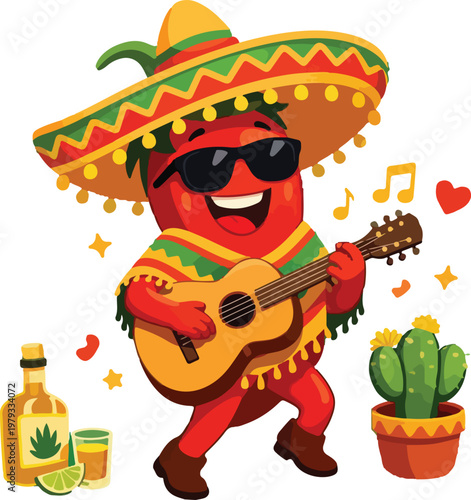 Cartoon Chili Pepper Guitar Player Cinco de Mayo Flat Illustration