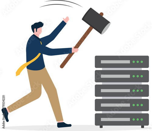 Professional smashing a server tower with a giant hammer