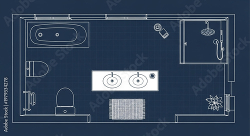 Blueprint of a modern bathroom layout with fixtures.