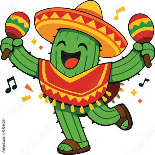 Funny Mexican Cactus With Maracas Flat Illustration