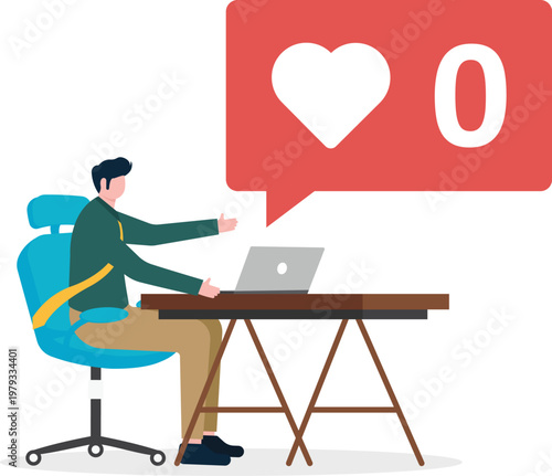 Professional at desk with zero likes social media notification