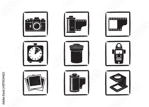 Vintage Photography and Darkroom Equipment Icon Set with Film and Camera