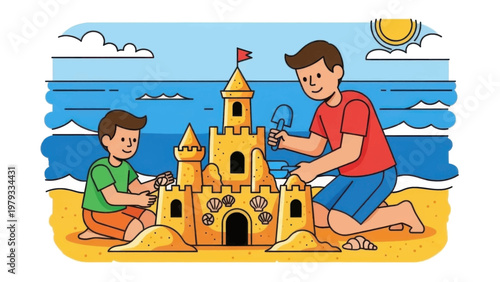 Children Building Sandcastle on Beach Together.