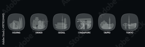 Asia cities icons with glass, liquid effect. Set of cityscapes for interface design. Vector Beijing, Hanoi, Seoul, Singapore, Taipei, Tokyo skylines