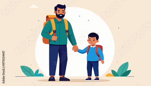 Father and Son Hiking Together Backpacks.
