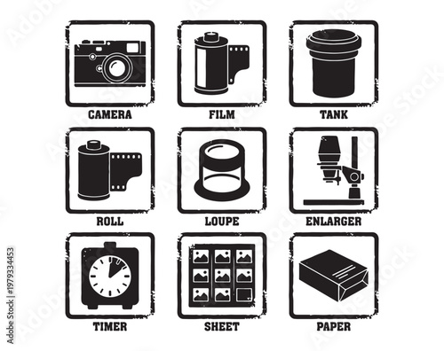 Vintage Photography and Darkroom Equipment Icon Set with Film and Camera