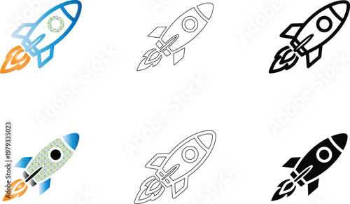Six minimalist rocket ship vector illustration icons for modern web design projects