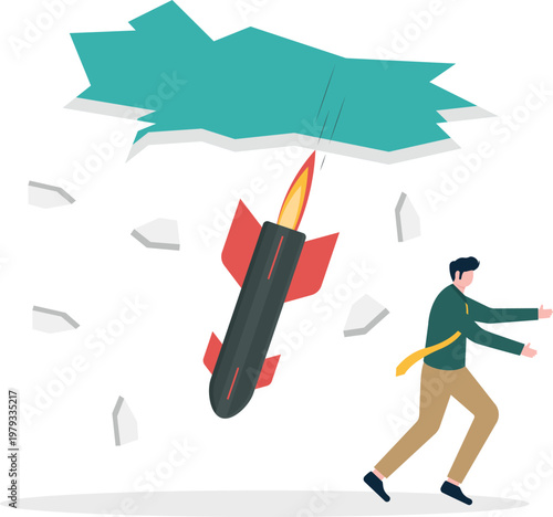 Professional running from a falling rocket with cracked floor