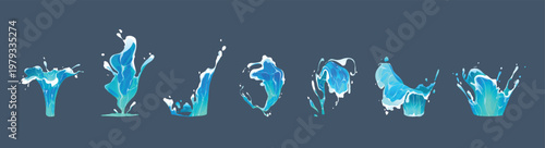 Set of stylized blue ocean wave vectors with curling crests and water splashes. Cartoon water splashes. Wave splash liquid drop sea droplet blue fluid drip spray Vector Illustration.